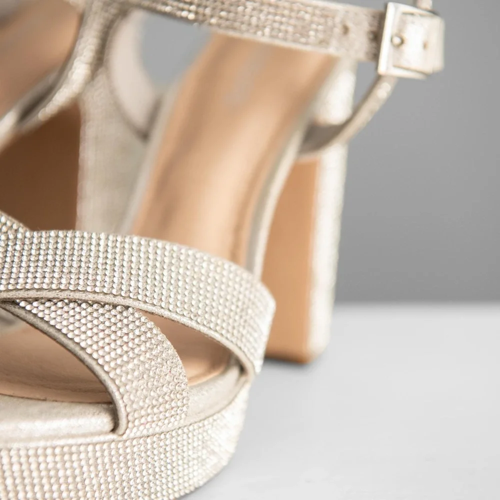 Maripe Sparkle Rhinestone Platform Block Heels Sz 8 Glam Bridal Shoes Y2K Bling